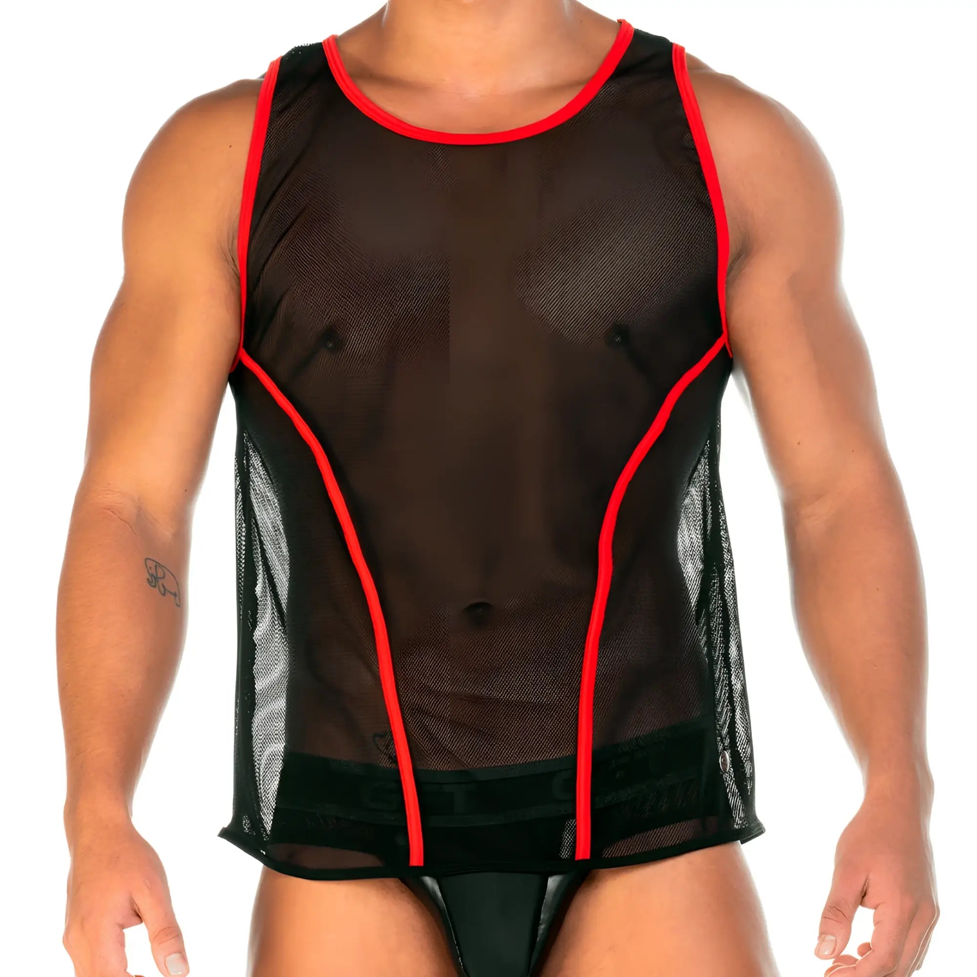 Black mesh tank top with red trim gigo 2 fetiche red tank highlighting breathable material and bold color contrast
