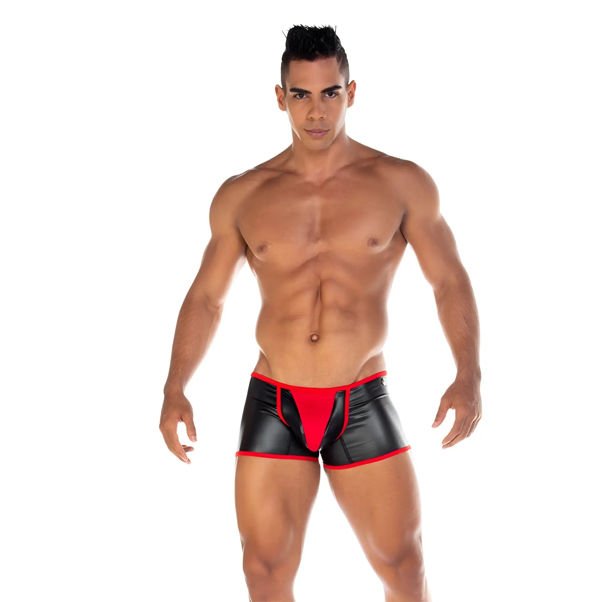 Gigo 2 fetiche red trunk black and red faux leather briefs with bold contrasting design for edgy style
