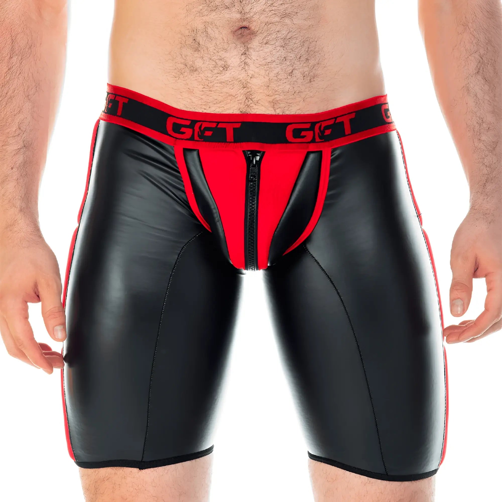 Black and red faux leather briefs with front zipper and get branded waistband gigo 2 fetiche red zipper trunk long