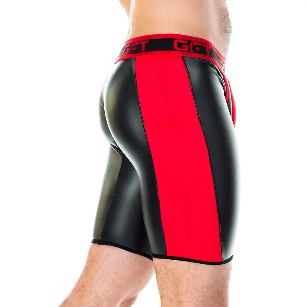 Black and red glossy Gigo 2 Fetiche red zipper trunk long athletic shorts with bold vertical stripe and get logo waistband
