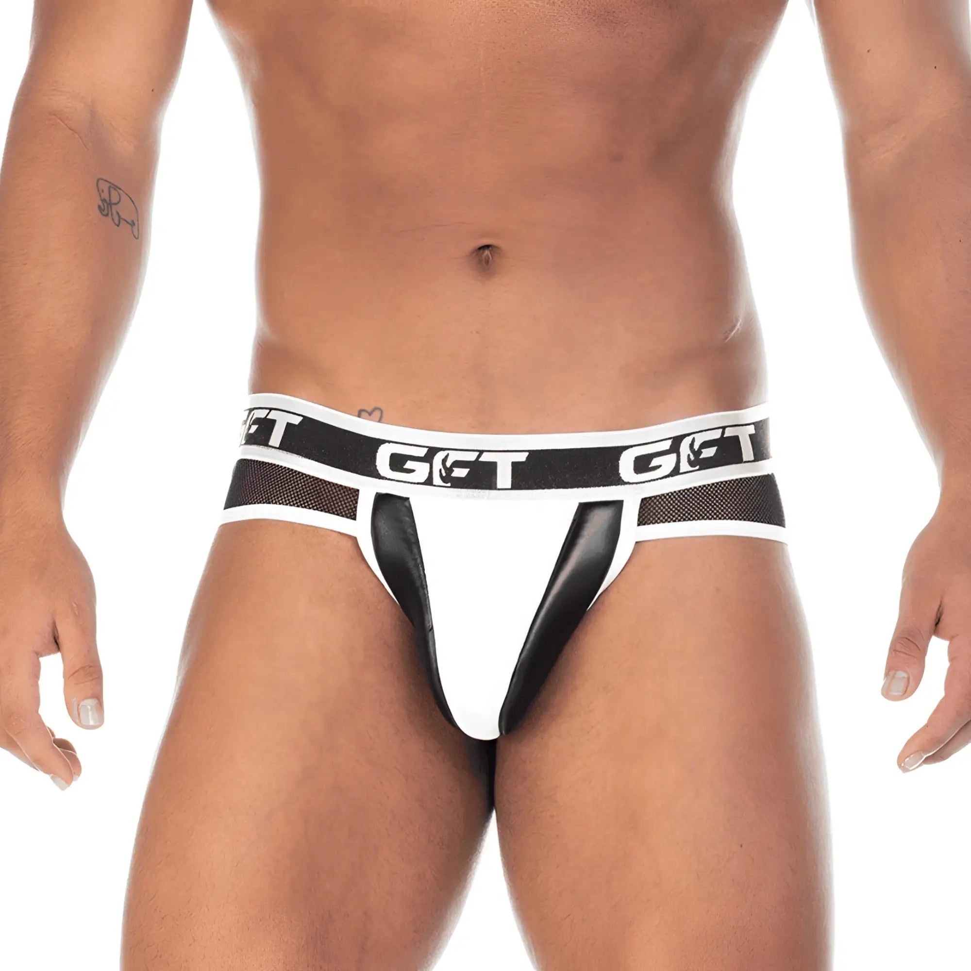 White and black gigo 2 fetiche athletic briefs with mesh waistband featuring bold get logo in white letters