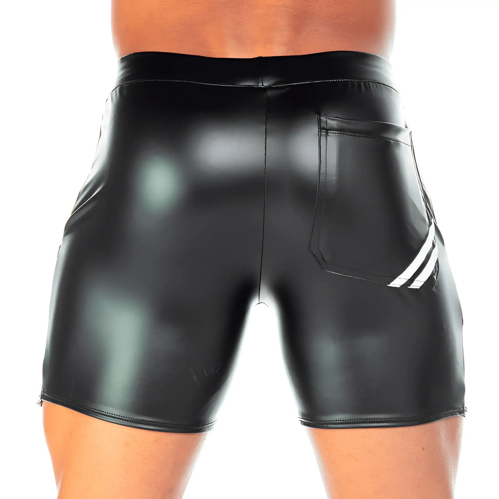Black shiny faux leather shorts gigo 2 fetiche white short with white diagonal stripe on the side