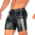 Black shiny faux leather shorts with white vertical stripes down the side gigo 2 fetiche white short