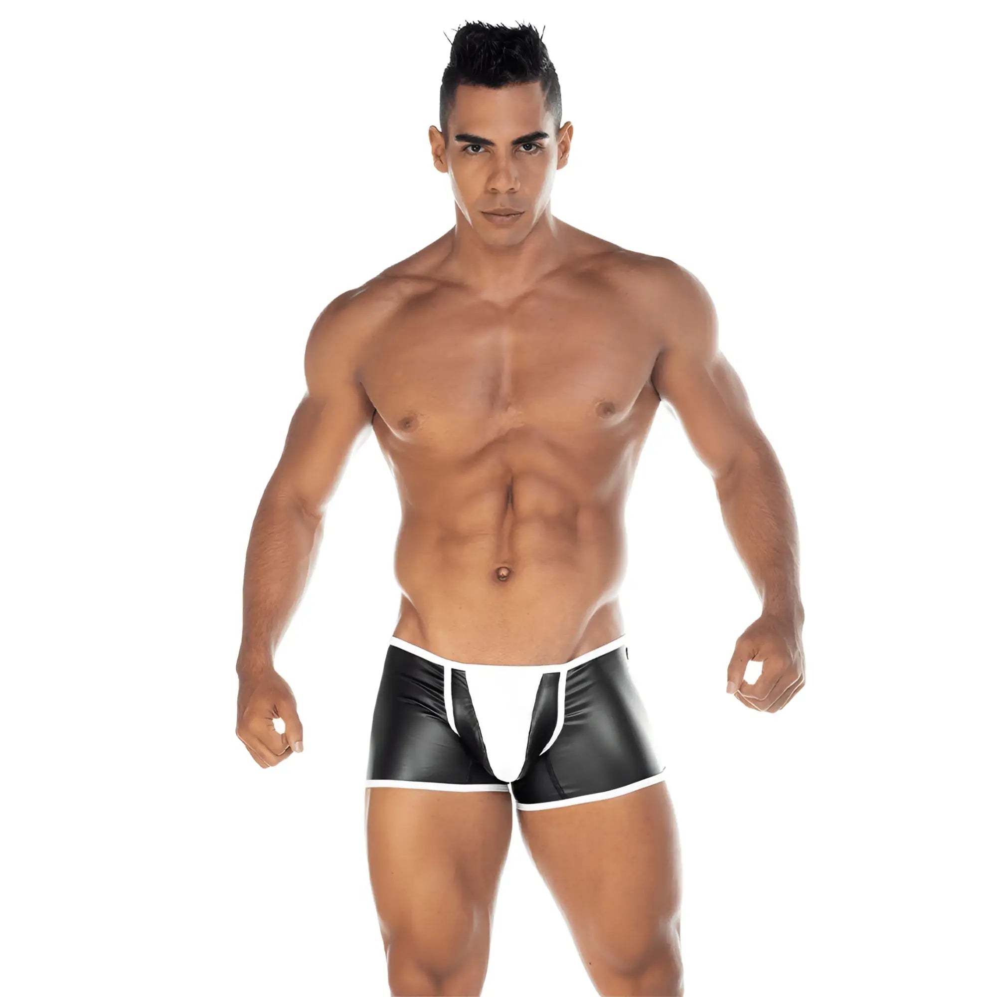 Gigo 2 Fetiche white trunk black and white faux leather briefs with sleek shiny finish for stylish comfort