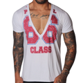 White deep V-neck T-shirt with a distressed red and blue "86 CLASS" graphic print on the front.