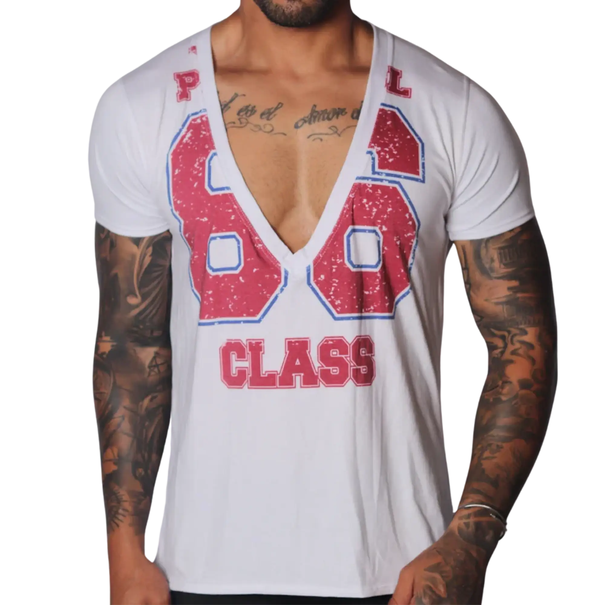White deep V-neck T-shirt with a distressed red and blue "86 CLASS" graphic print on the front.