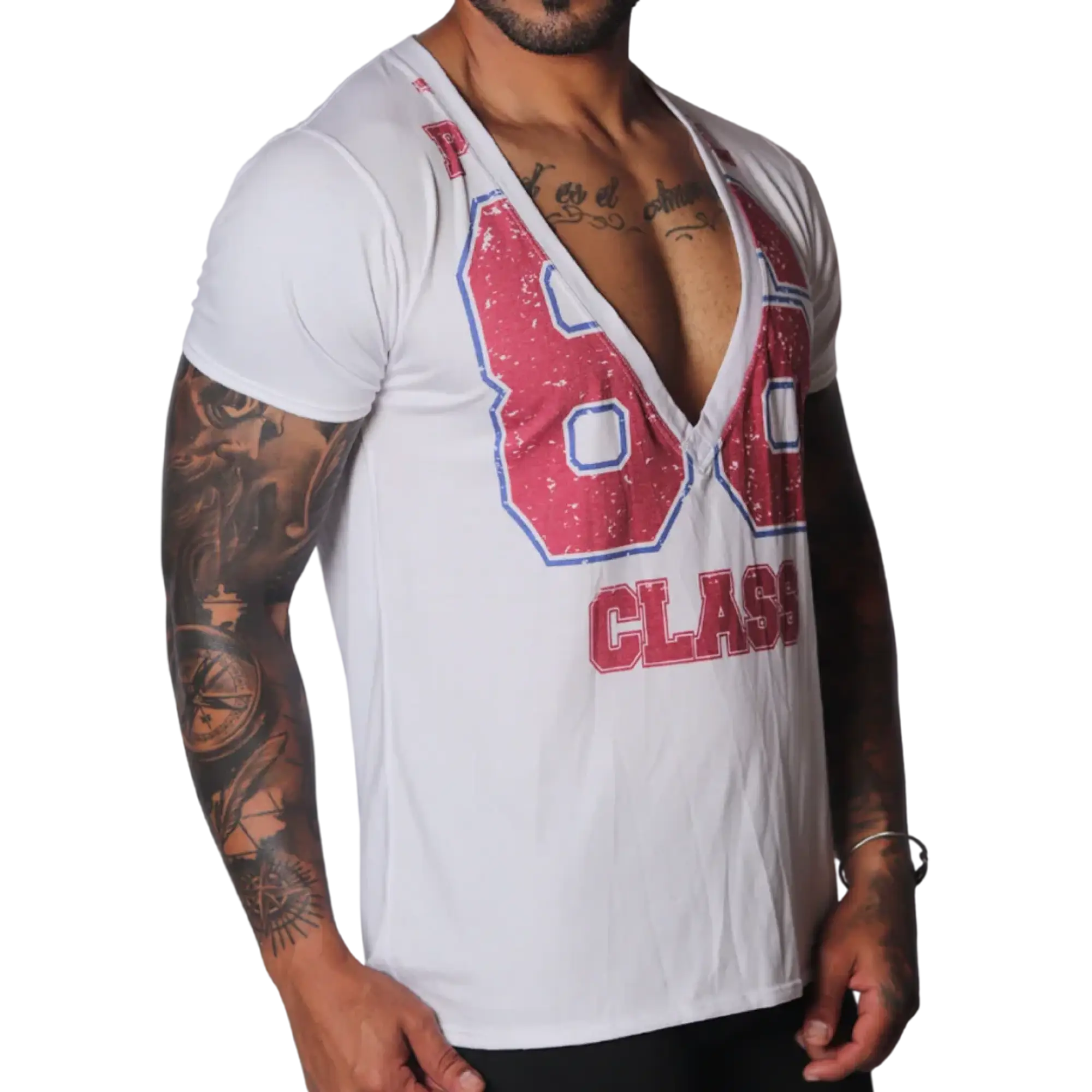 White deep V-neck T-shirt with a distressed red and blue "86 CLASS" graphic print.