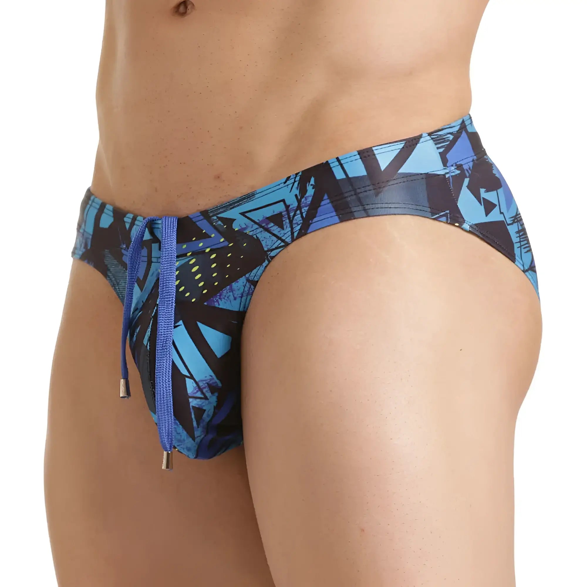 Blue and black geometric patterned gigo abstract swim brief with matching drawstring designed for swimming