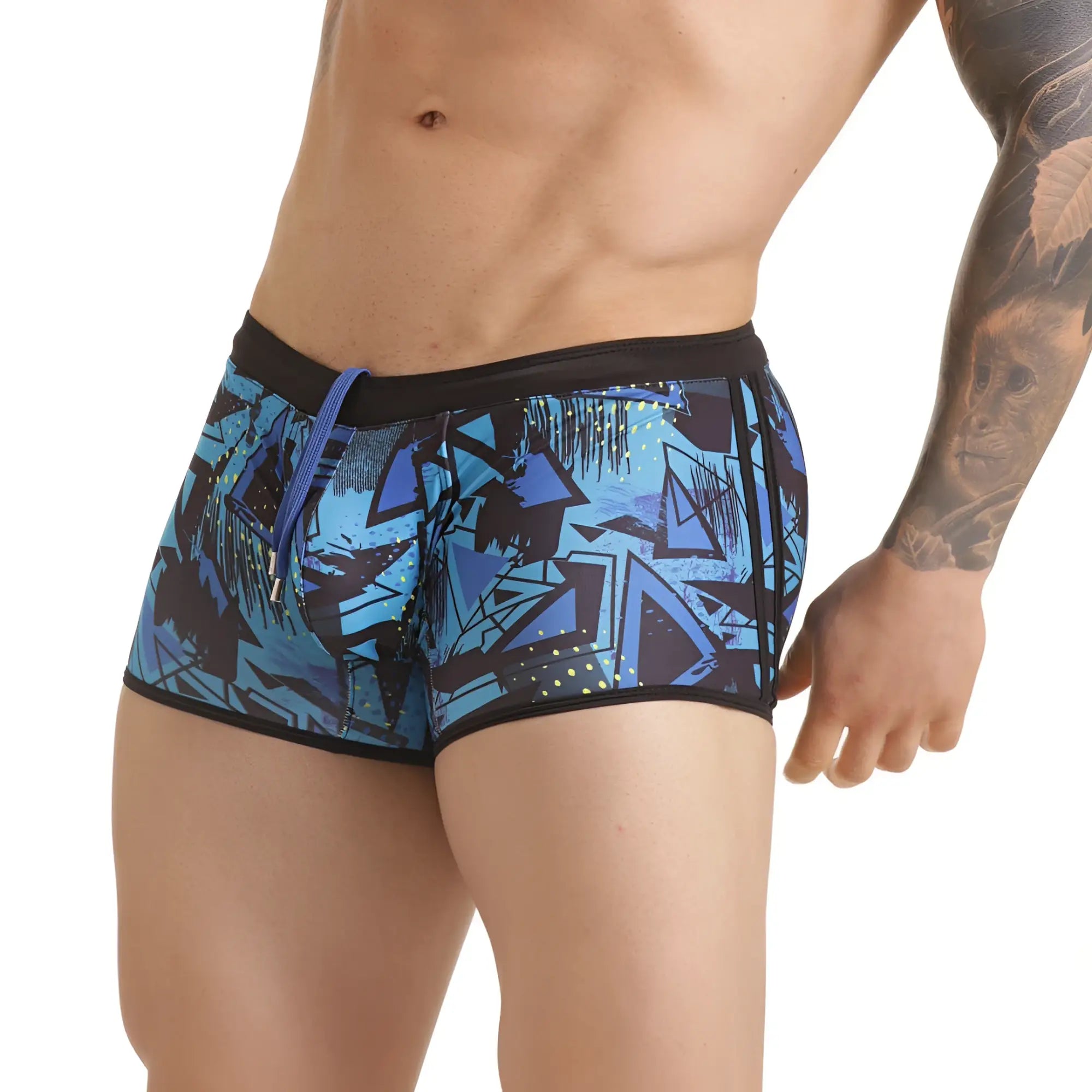 Gigo abstract swim trunk featuring blue and black geometric pattern with purple drawstring for swimming