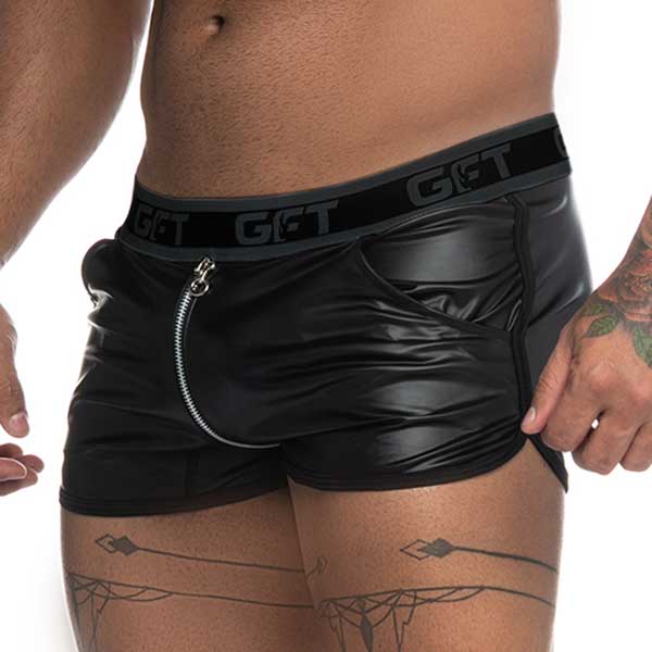 Pantalones cortos con dobladillo curvo y cremallera doble Gigo Fetish, color negro AF65, talla S