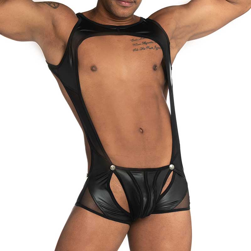 Gigo Fetish Abnehmbarer Mesh-Bodysuit mit Aussparungen und Paspelierung, Schwarz, AFW55, Größe S