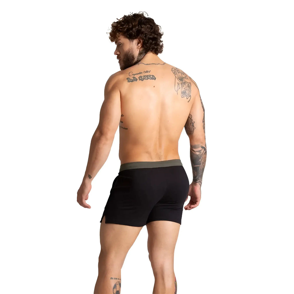 Black athletic shorts with contrasting olive green waistband from gigo alfa for comfortable active wear