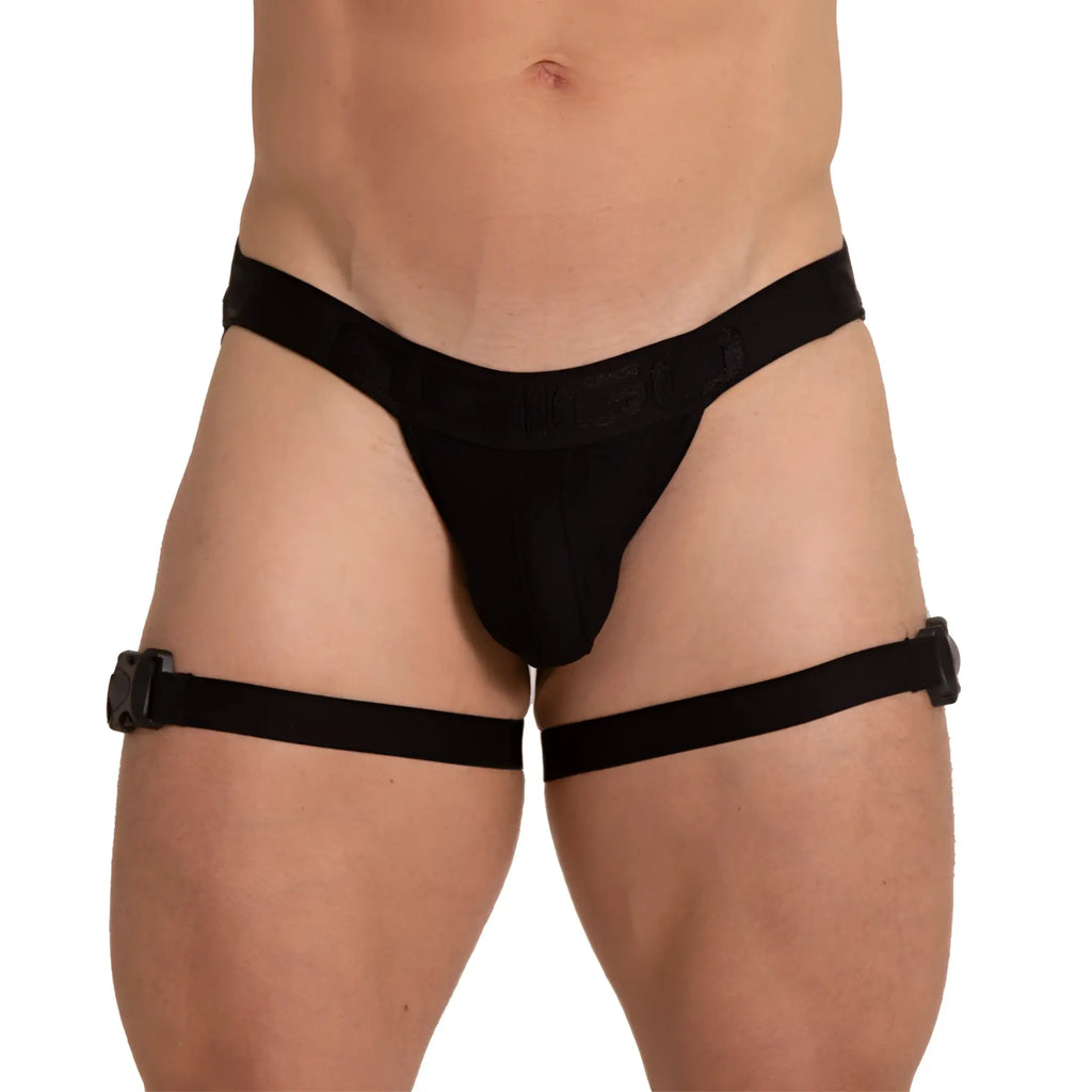 Black fabric thigh-high garter belt with adjustable straps and buckle closures shown from the back for Gigo Amazonia Jockstrap
