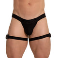 Black fabric thigh-high garter belt with adjustable straps and buckle closures shown from the back for Gigo Amazonia Jockstrap
