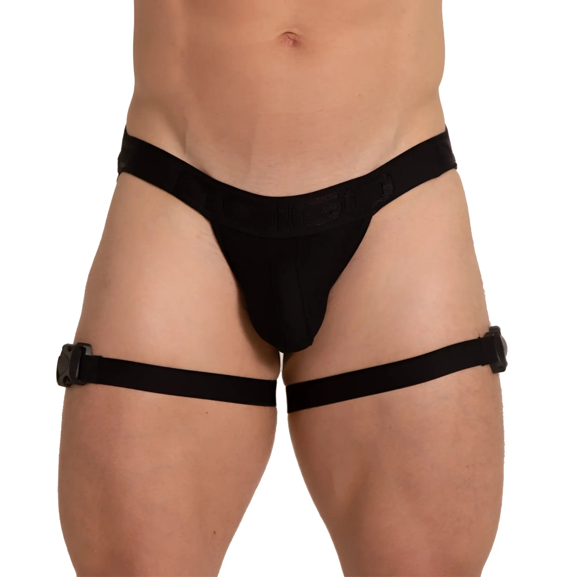Black fabric thigh-high garter belt with adjustable straps and buckle closures shown from the back for Gigo Amazonia Jockstrap