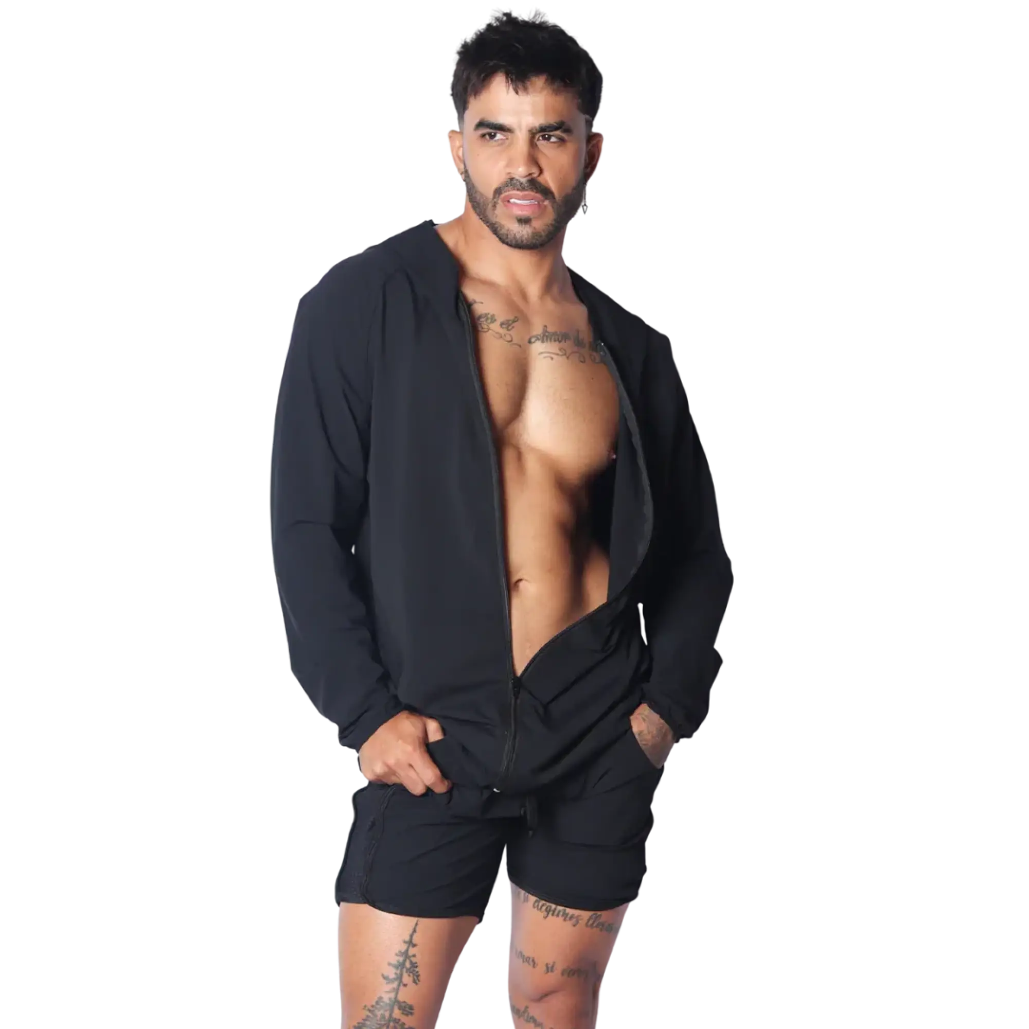 Black lightweight zip-up hooded jacket with long sleeves, worn unzipped over a bare chest.