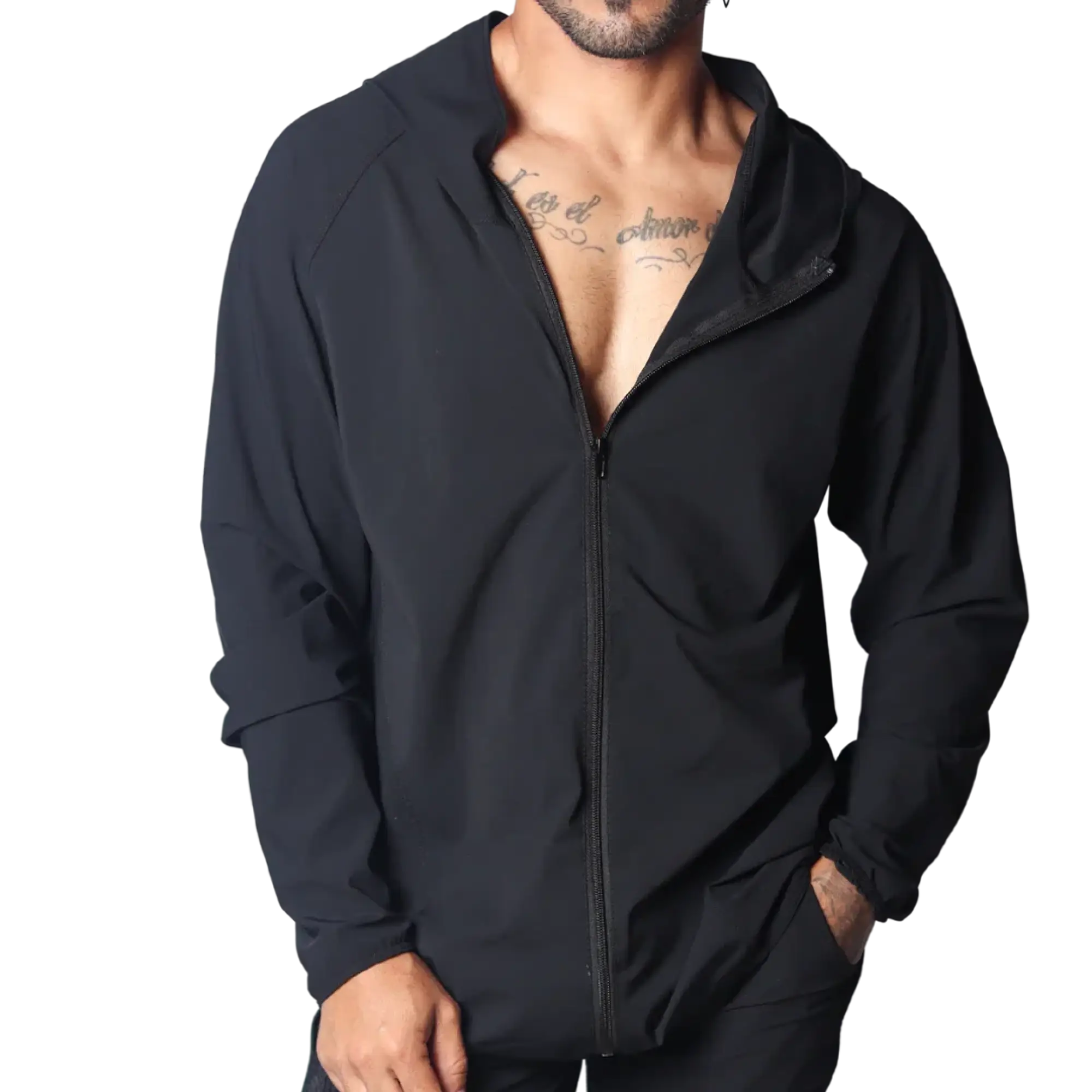 Gigo Ambitious black zip-up performance jacket with a hood, minimalist design, and lightweight technical fabric.