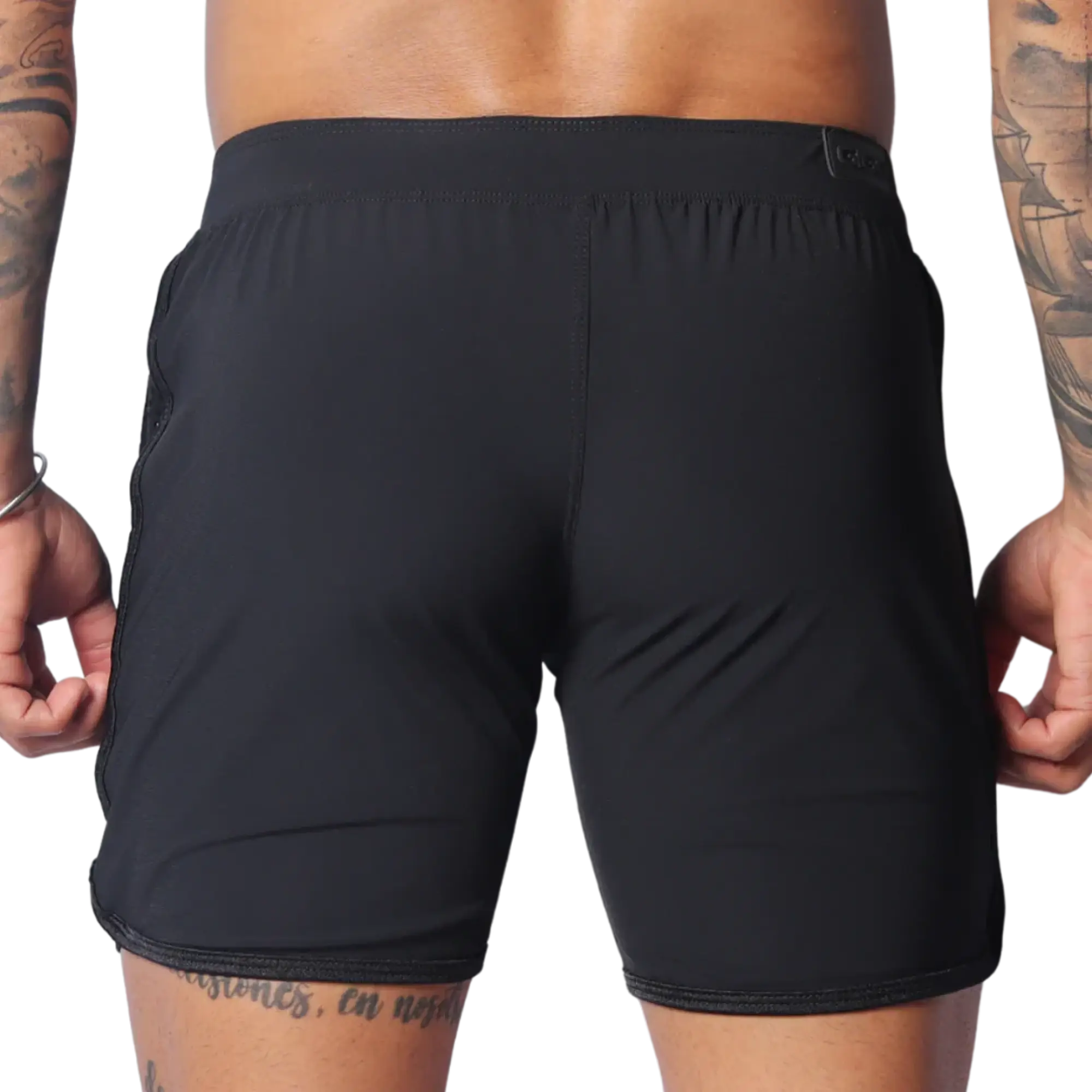 Rear view of black Gigo Ambitious athletic shorts featuring a flat waistband and minimalist, seamless design.