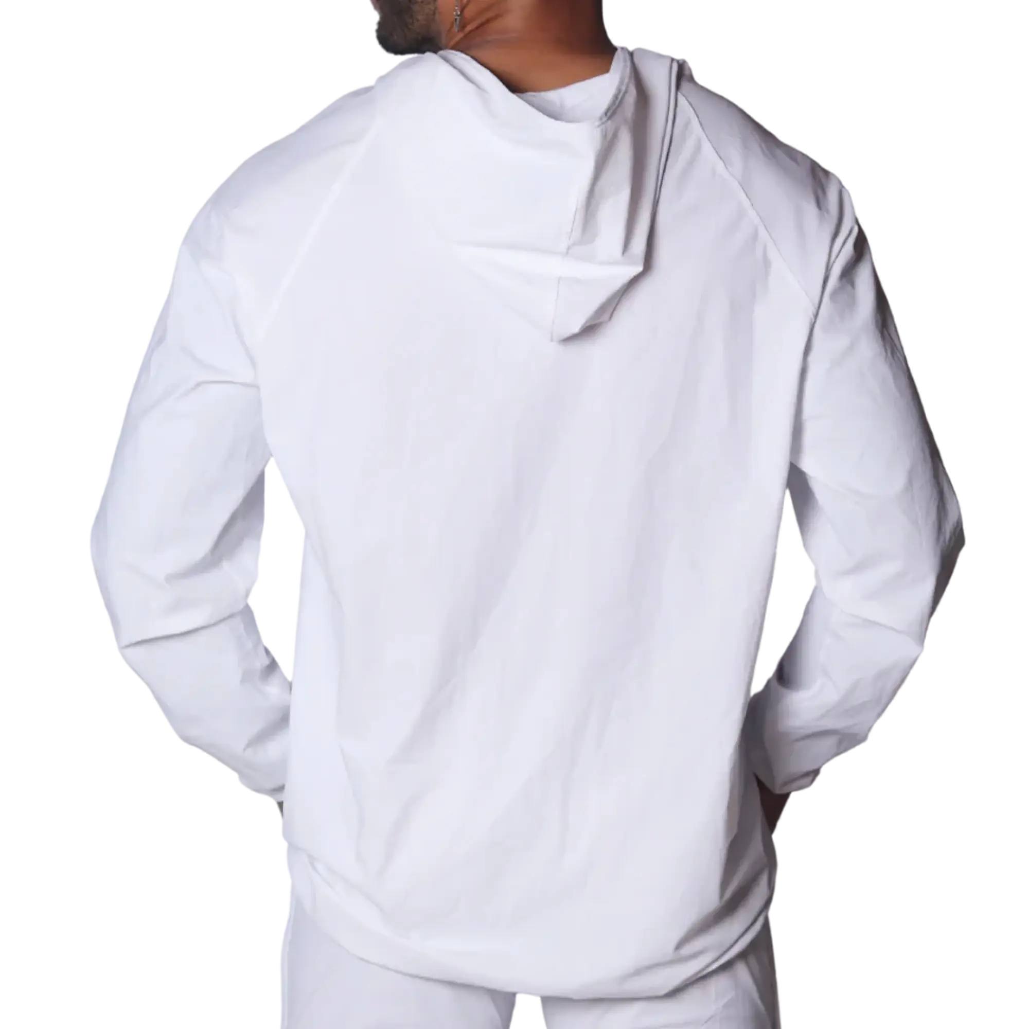 Back view of a plain white lightweight hooded jacket with long raglan sleeves against a black background.