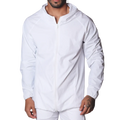 White lightweight zip-up jacket in a technical nylon fabric featuring a hood and long raglan sleeves.