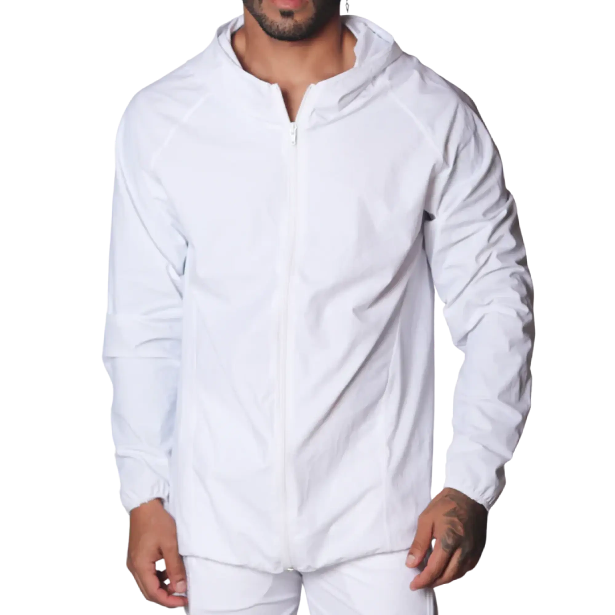 White lightweight zip-up jacket in a technical nylon fabric featuring a hood and long raglan sleeves.