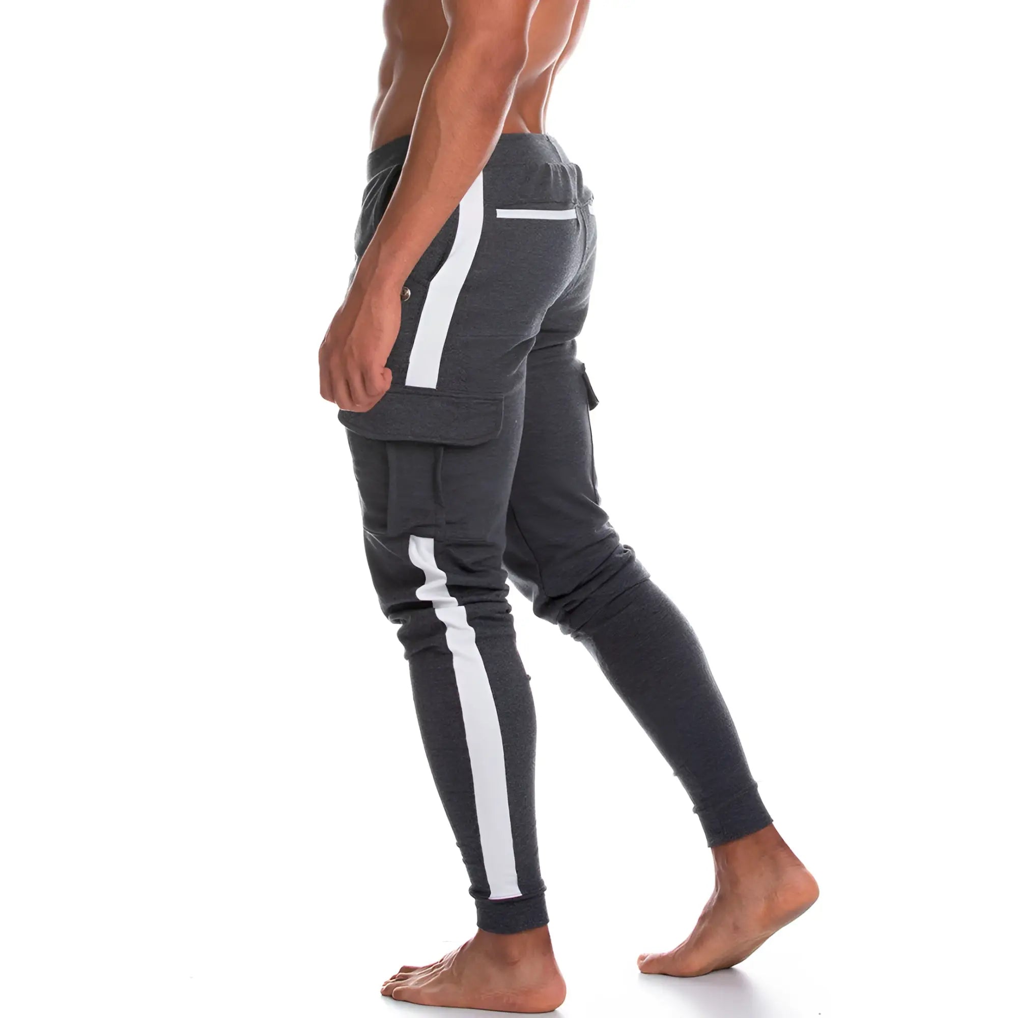 Dark gray Gigo Atleta sportpants with bold white side stripes and cargo pockets designed for athletic use
