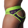 Purple aubergine-print jockstrap with neon green mesh panels, trim, and embossed branded elastic waistband.