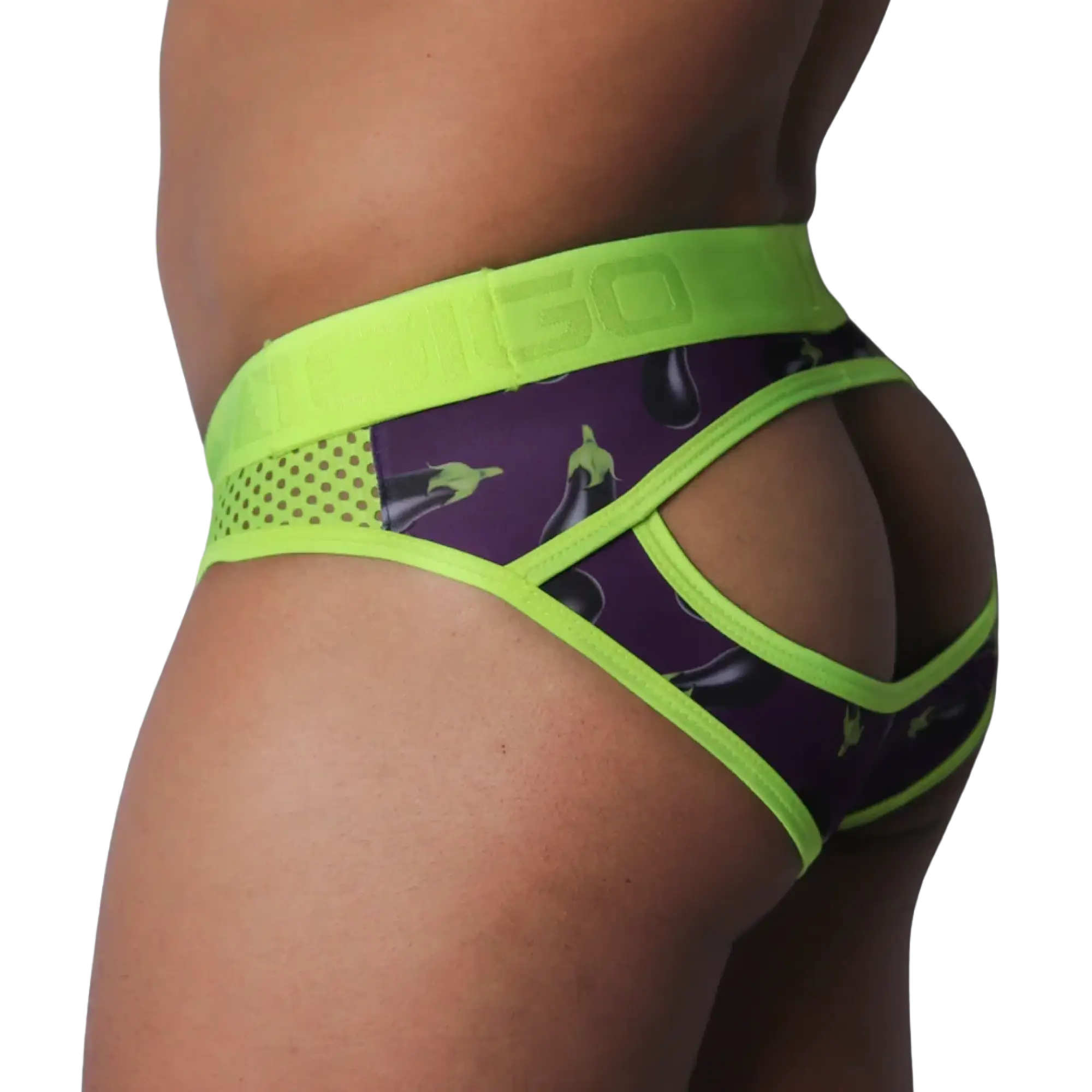 Purple aubergine-print jockstrap with neon green mesh panels, trim, and embossed branded elastic waistband.