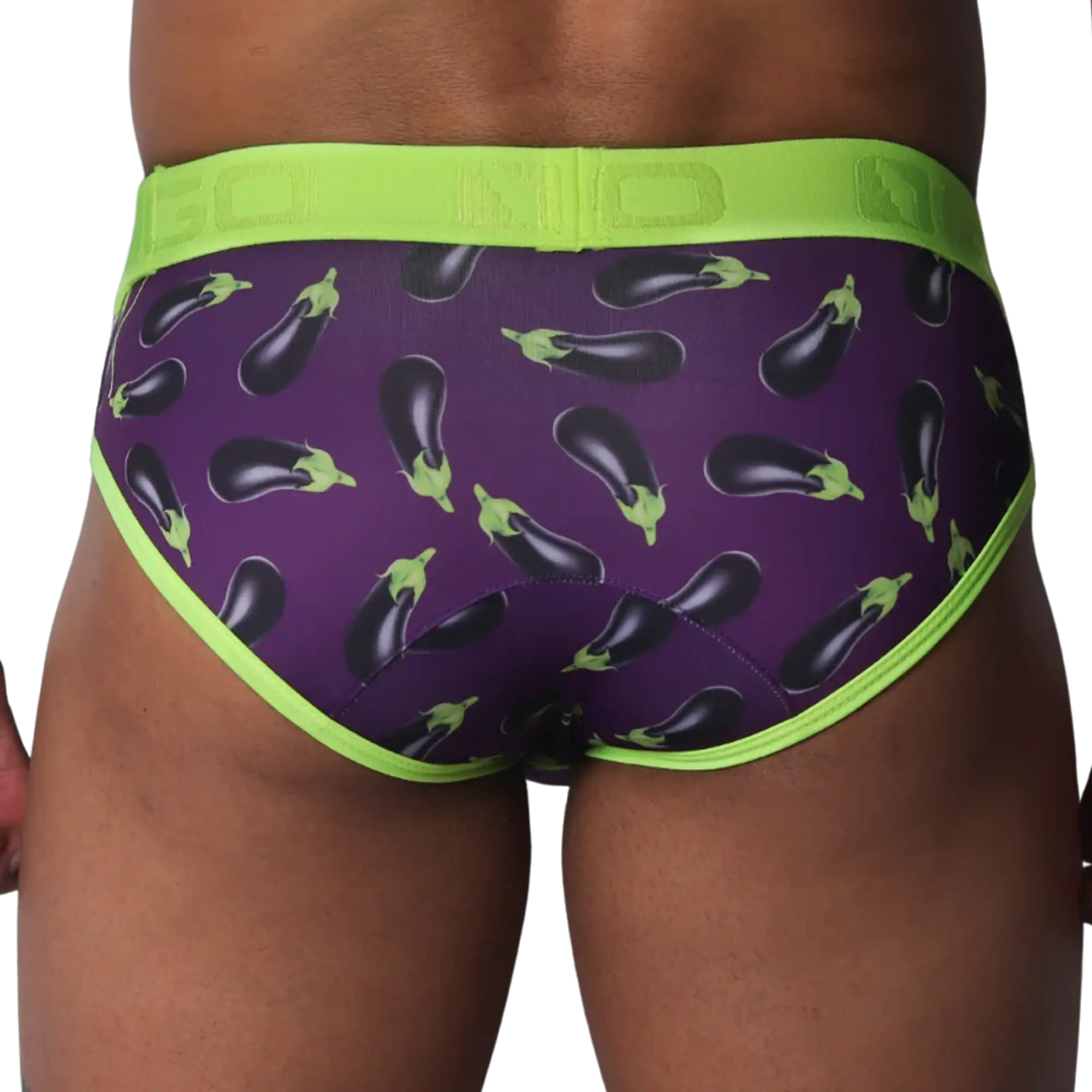 Purple briefs with an all-over eggplant print, featuring a bright lime green elastic waistband and trim.