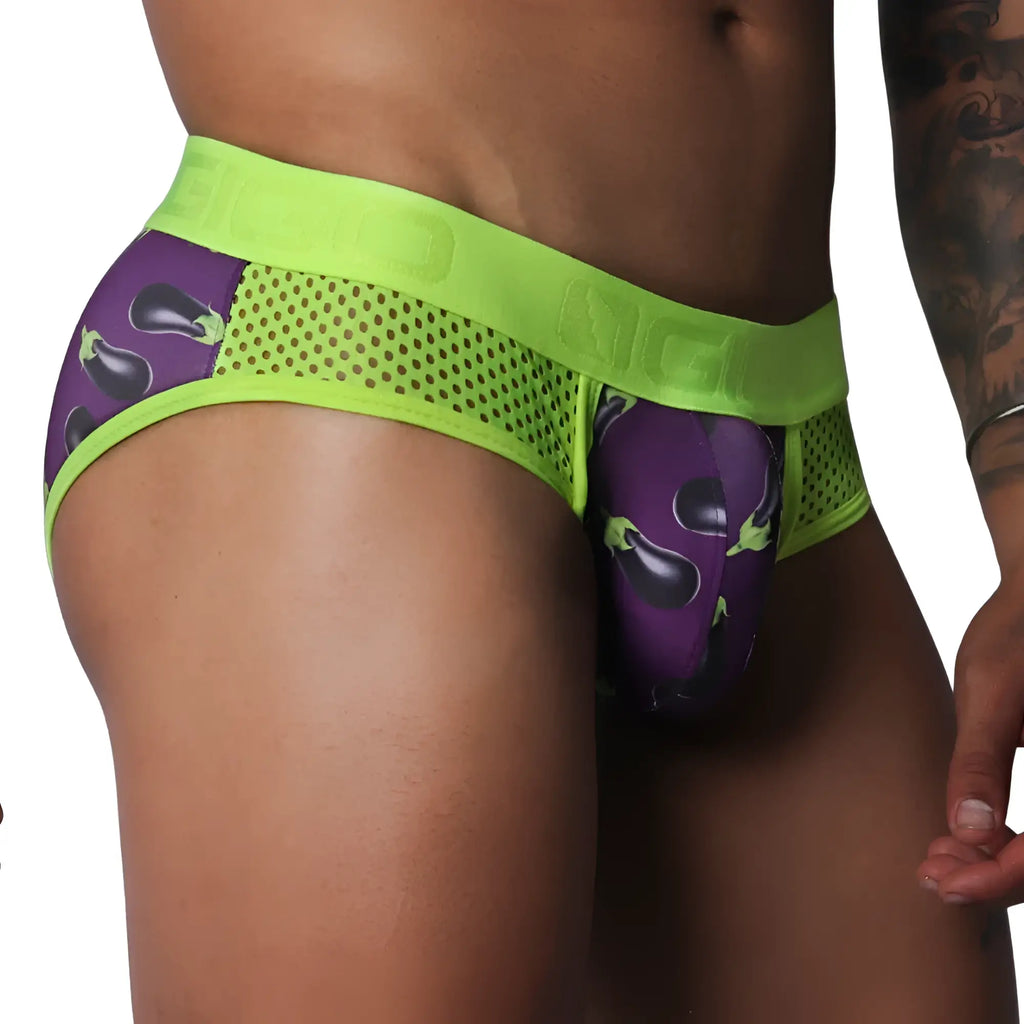 Purple eggplant-print brief with neon green mesh side panels and a wide branded elastic waistband.