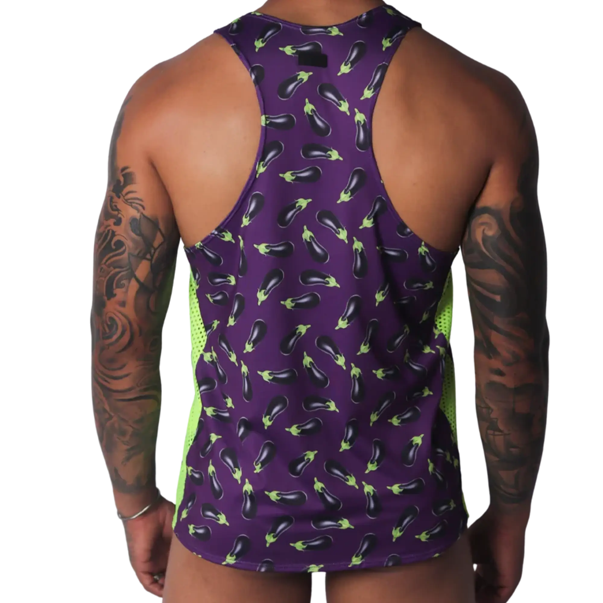 Purple racerback tank top with an eggplant pattern and neon green mesh side panels.