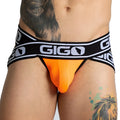 Bright orange gigo audacy jock briefs with a black and white logo band designed for comfortable support