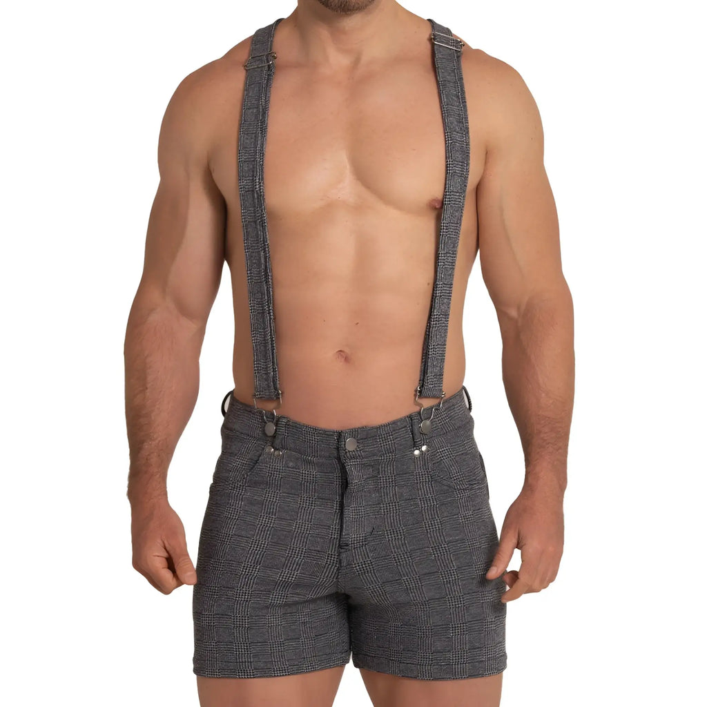 Gray plaid suspenders with matching shorts in classic check pattern featuring metal clasps from gigo aventurer black square short