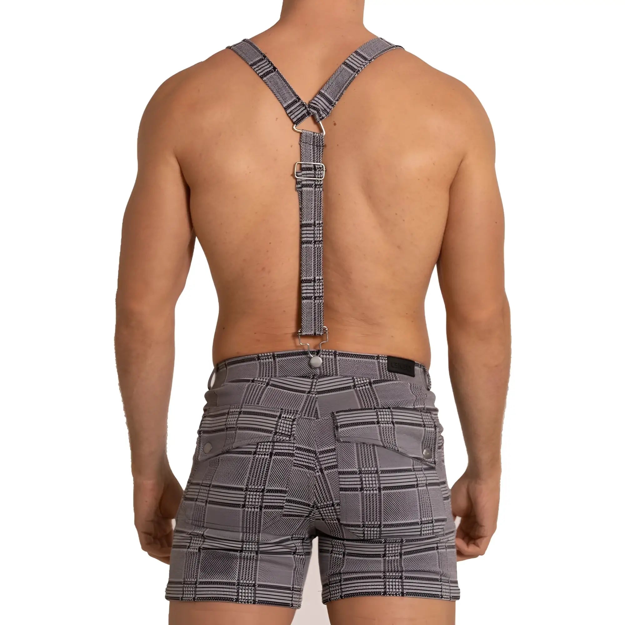 Gigo aventurer gray square short featuring gray plaid suspenders with black and white stripes and adjustable metal buckle straps