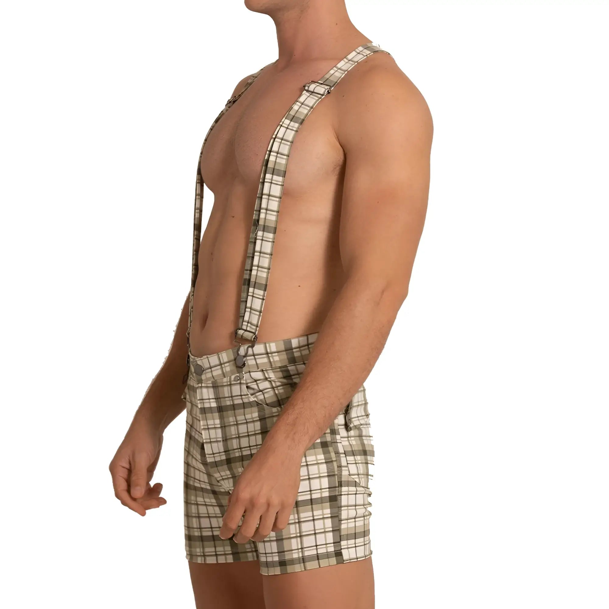 Beige and olive plaid suspenders with matching shorts designed for casual or festive look in gigo aventurer green square short