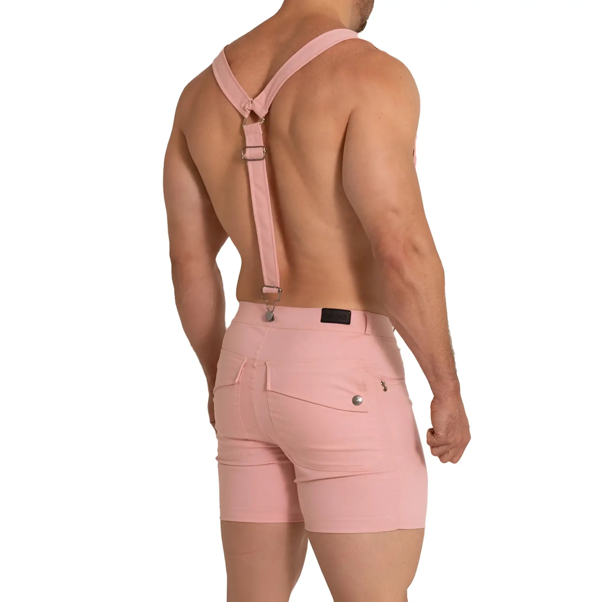 Pink suspenders with adjustable straps and metal clasps paired with matching pink shorts from gigo aventurer pink short collection