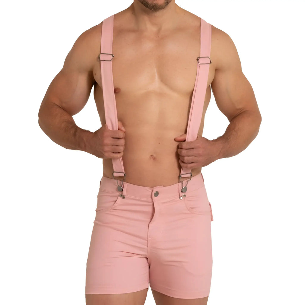Gigo aventurer pink short with adjustable pink suspenders featuring silver metal clasps paired with matching shorts
