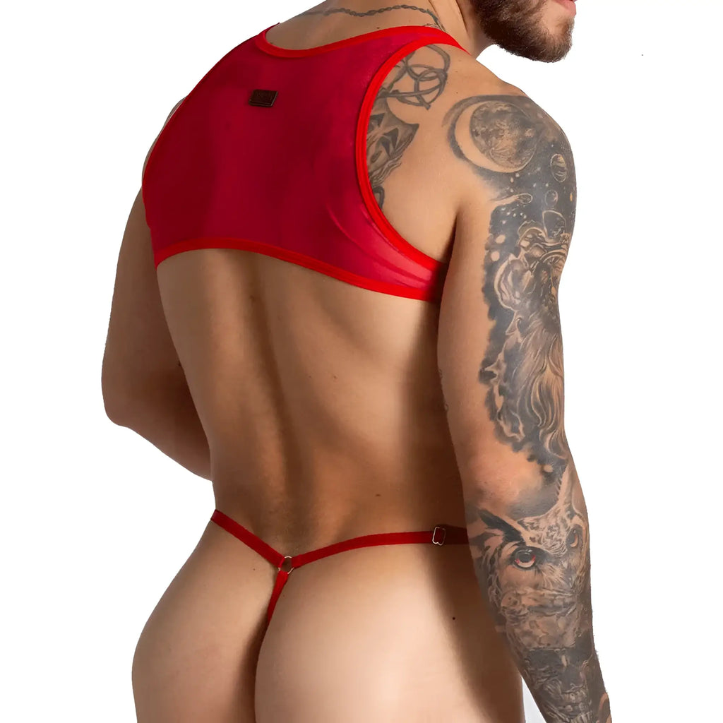 Back view of gigo bahia red body sheer red mesh men’s thong with red trim and small black logo on the back