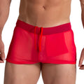 Vibrant red sheer swim trunks gigo bahia red hotshort with matching drawstring waistband front view