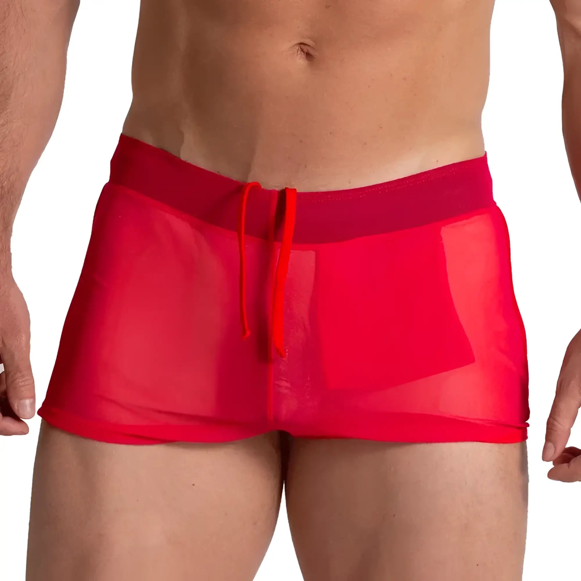 Vibrant red sheer swim trunks gigo bahia red hotshort with matching drawstring waistband front view