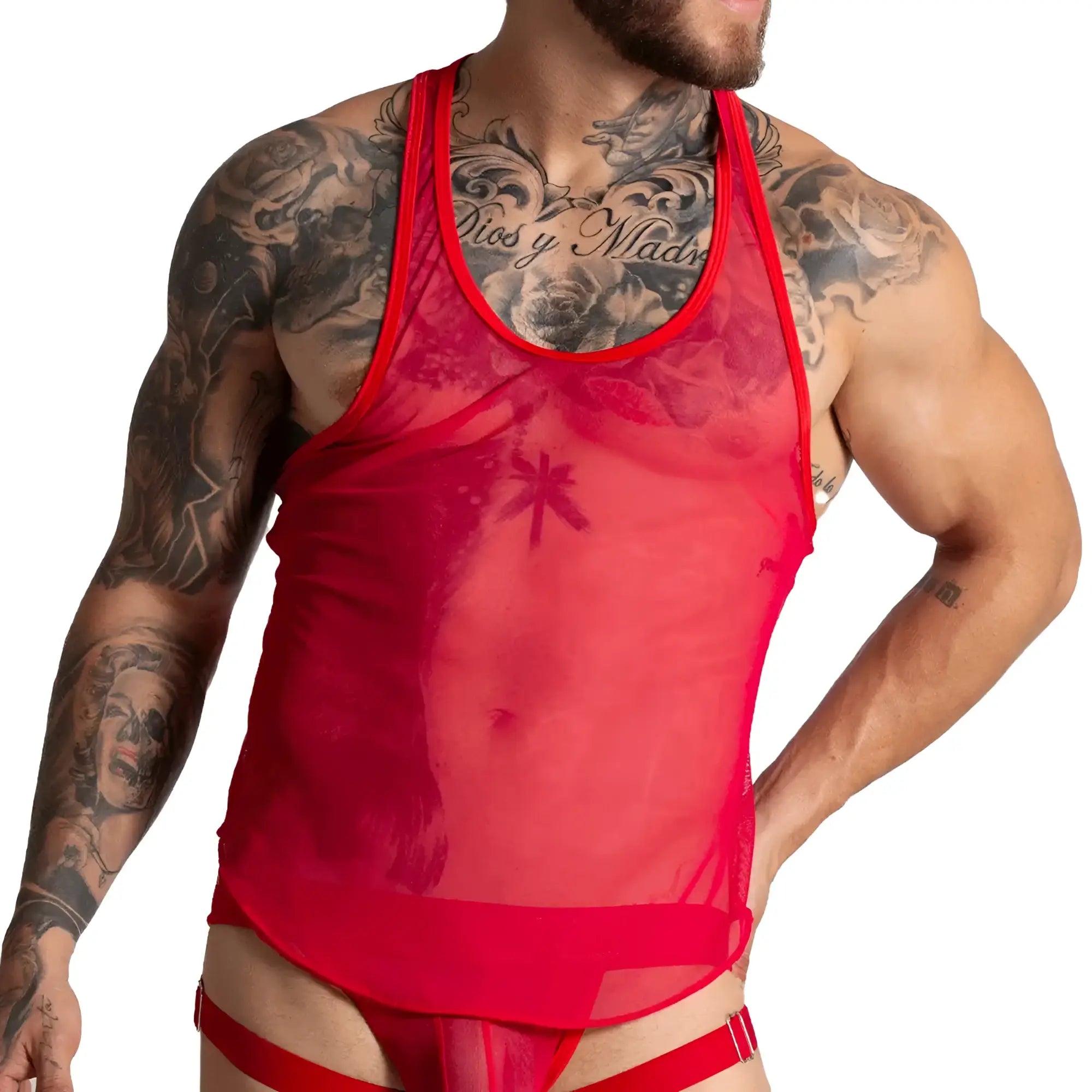 Gigo Bahia red tank sheer mesh with bold red trim and subtle star pattern perfect for stylish layering