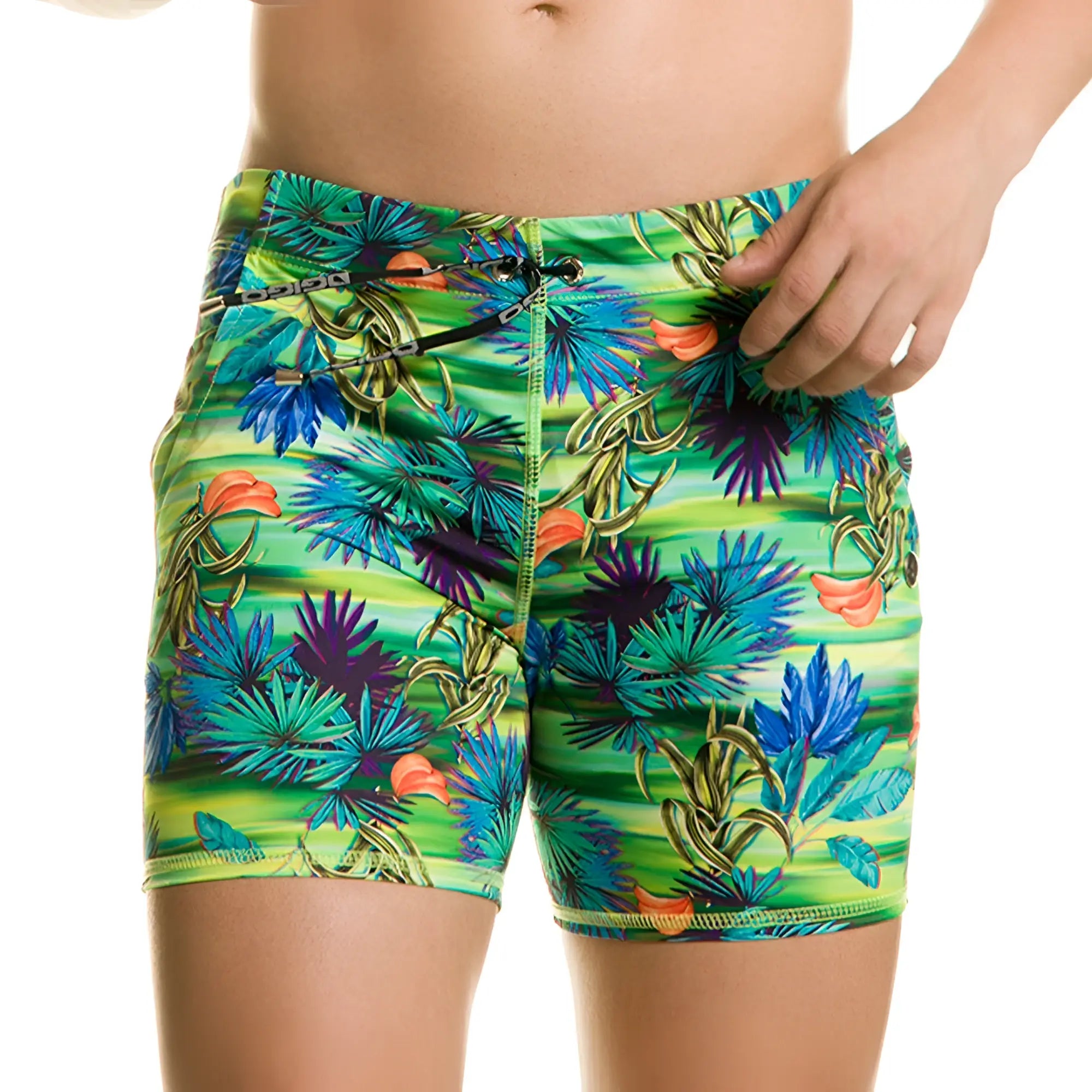 Vibrant tropical print swim trunks in neon green blue and purple with orange accents by gigo banana beachwear