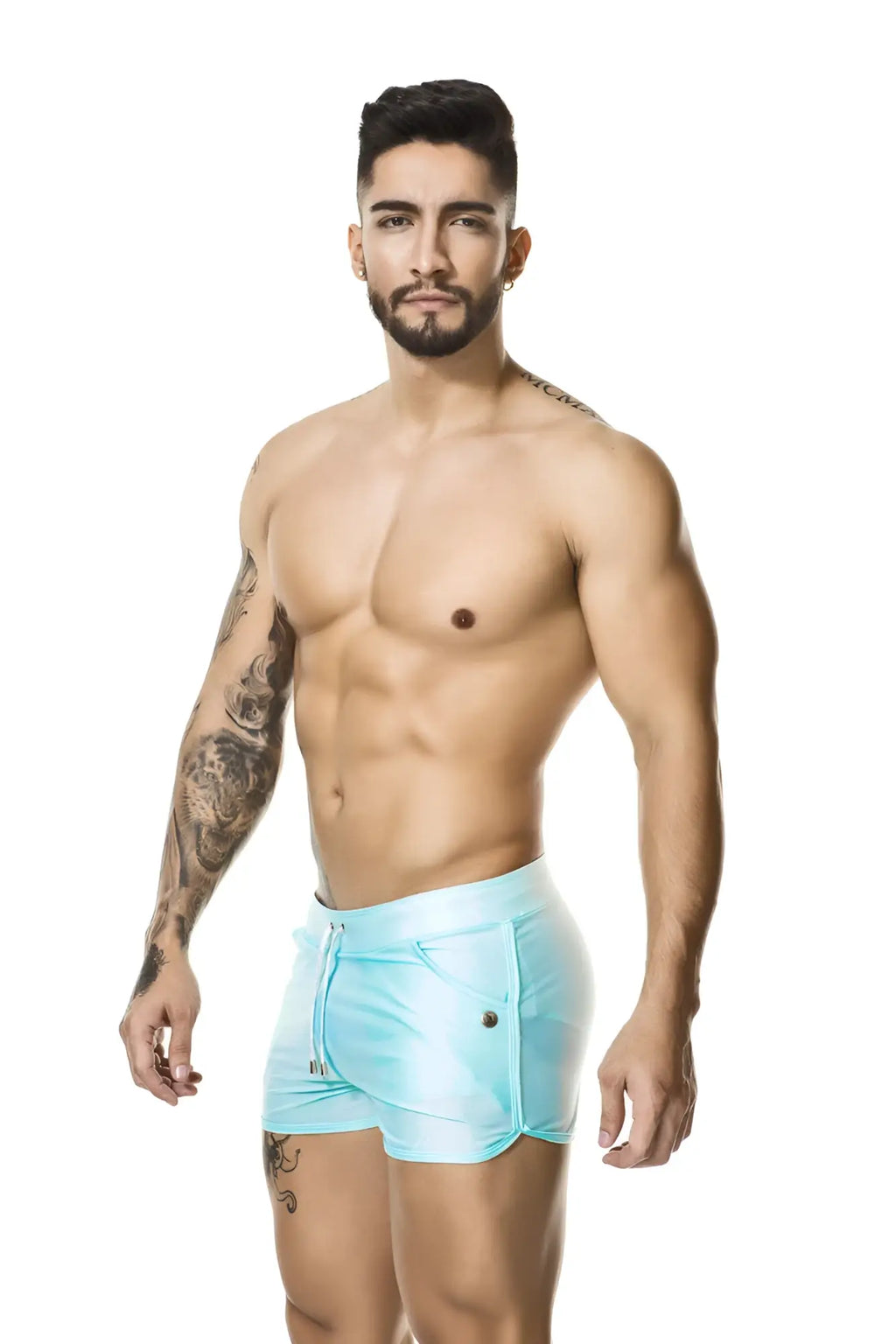 Gigo basic blue light blue athletic shorts with drawstring waist and side pockets in size m for swimwear use