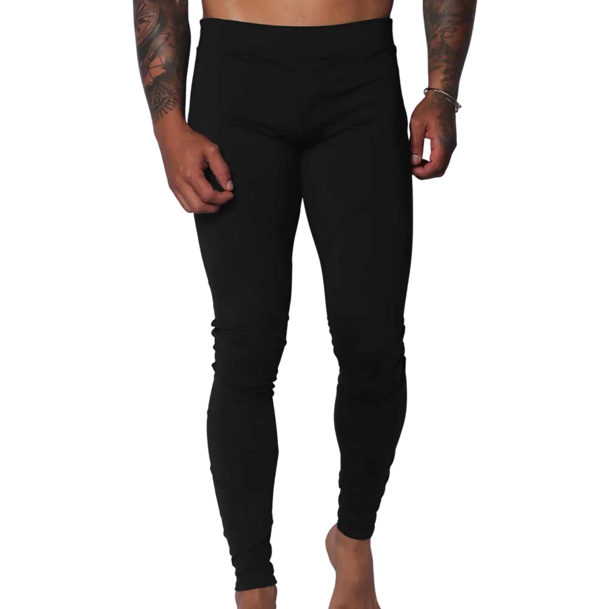 Form-fitting black Lycra leggings featuring a high-rise elastic waistband and a sleek, minimalist design.
