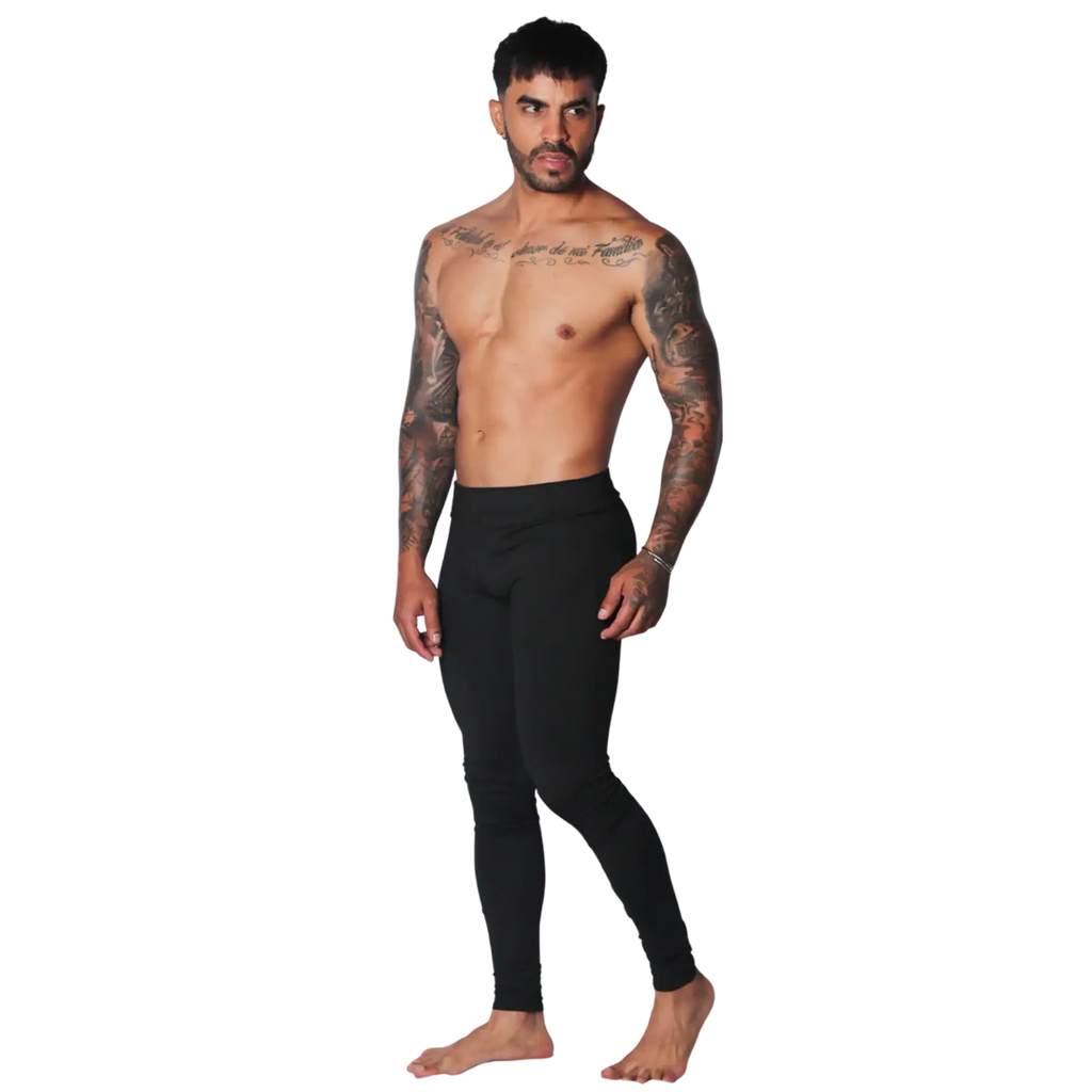 Form-fitting black Lycra leggings for men with a seamless athletic style and high-rise waistband.