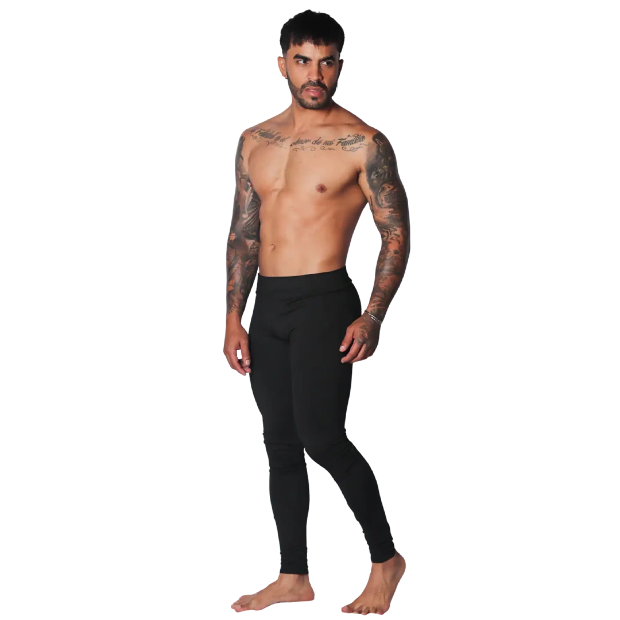 Form-fitting black Lycra leggings for men with a seamless athletic style and high-rise waistband.