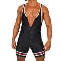 Black wrestling singlet with white and red striped waistband and front zipper closure from gigo boxing blue body collection