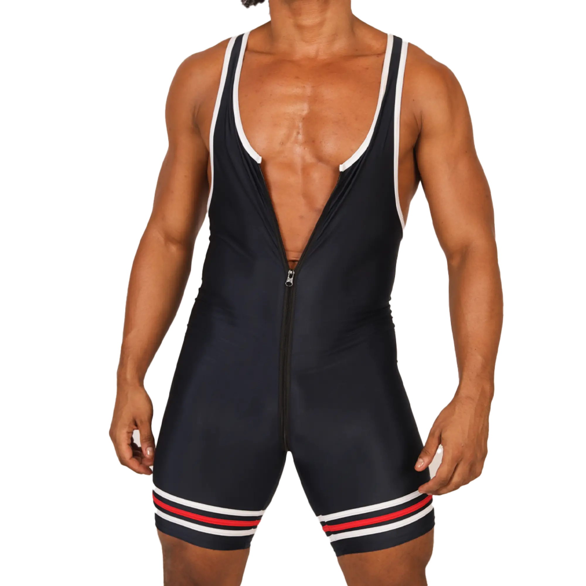 Black wrestling singlet with white and red striped waistband and front zipper closure from gigo boxing blue body collection