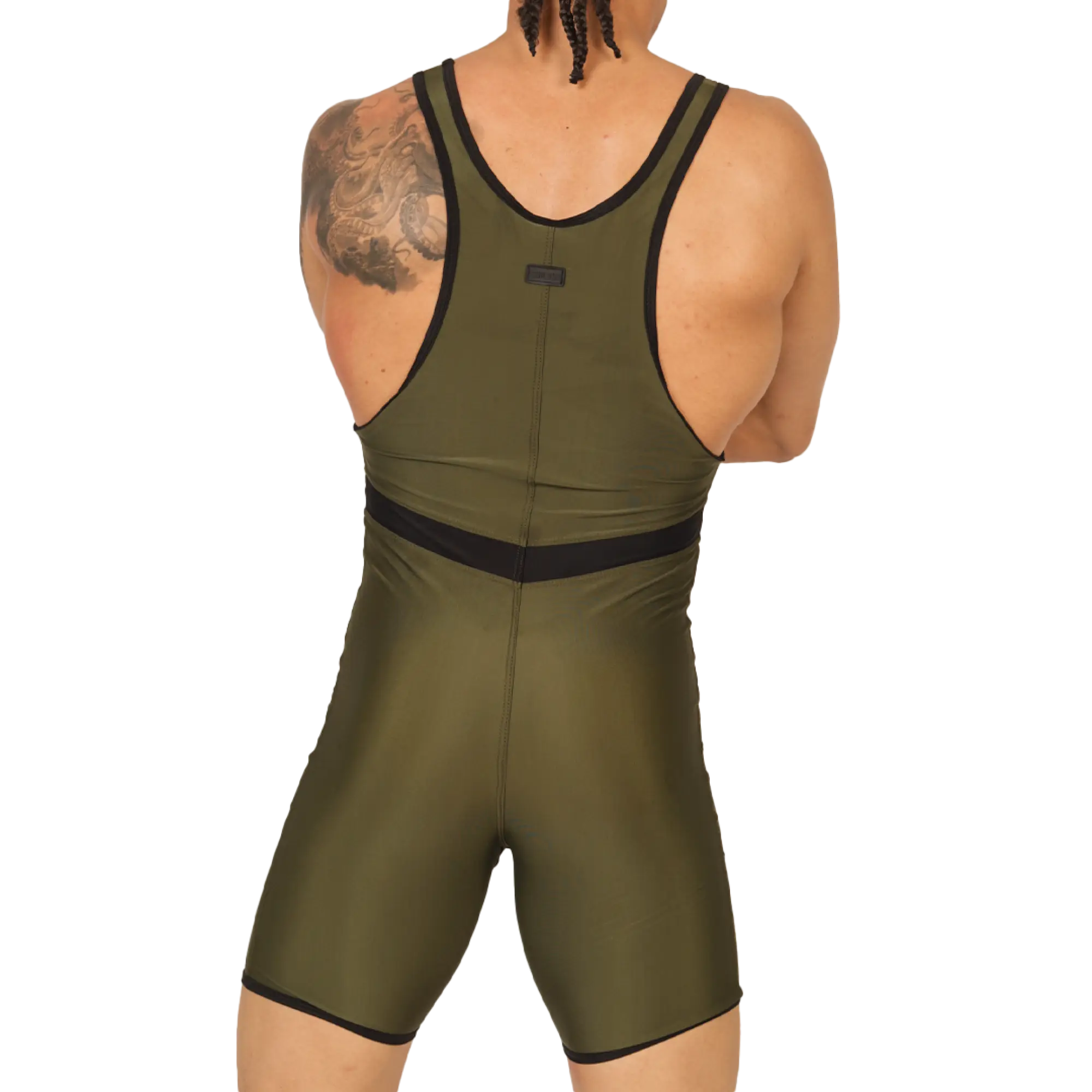 Olive green wrestling singlet with black trim and central waistband from gigo boxing green body collection