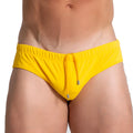 Gigo Brazilian yellow swim brief with bright yellow swim trunks featuring a drawstring waistband and silver aglets